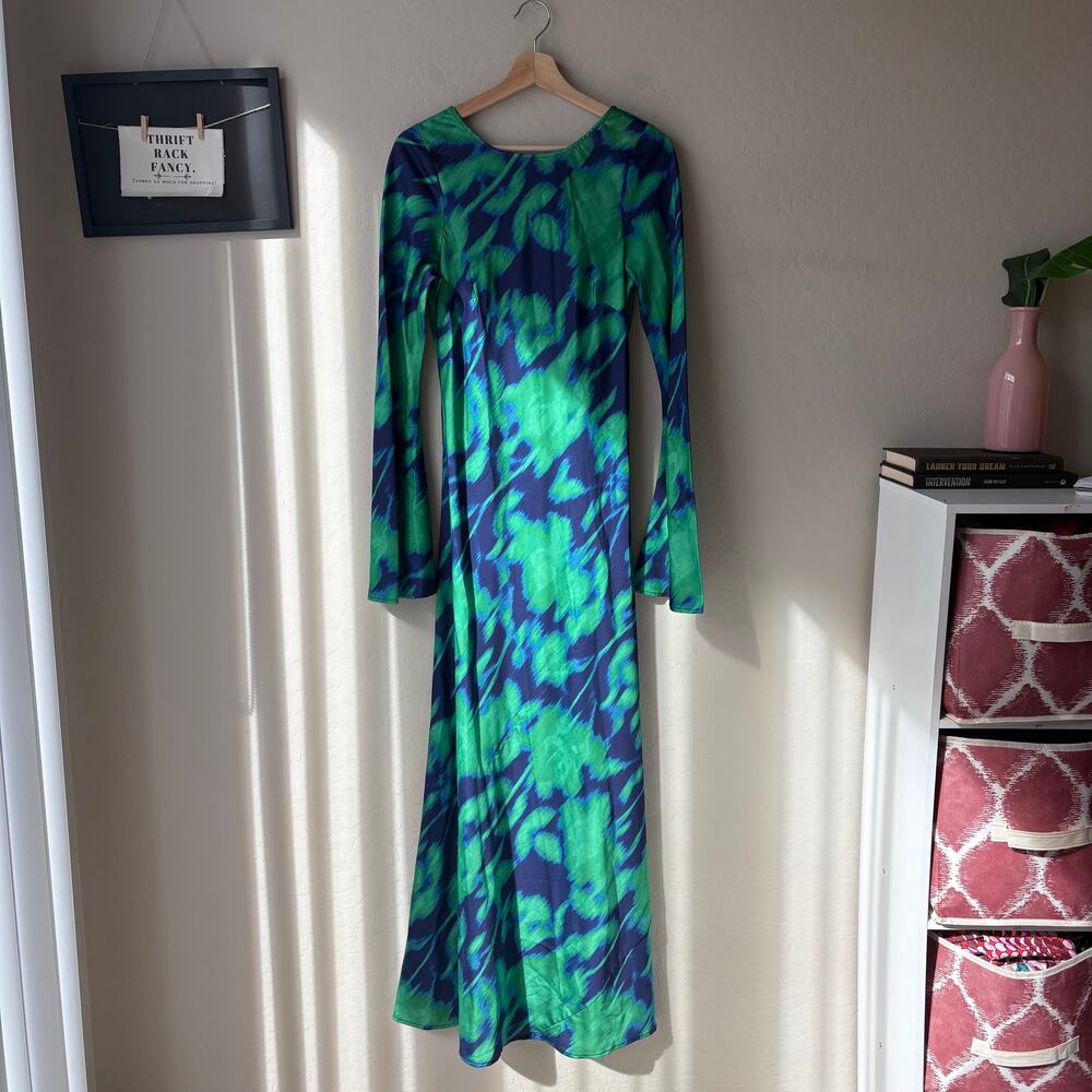 The Wolf Gang Dress Calypso‎ Green Blue Abstract Long Sleeve Maxi Dress Size M - Picture 2 of 12